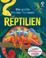 Text: "Die große Sticker-Tierwelt", "REPTILIEN", "viele schillernde Sticker". Ein bunter Chamäleon auf einem Ast, Schlange oben.