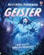„Mysteriöse Phänomene: Geister. Was steckt wirklich dahinter?“ Illustration einer furchterregenden Geisterfrau in blauer Nacht.