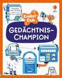 !? Knobel-Klub. Gedächtnis-Champion. Trainiere dein Gehirn! Illustration mit Katzentür, Drachen und Steuerpult.