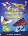 „100 Flugsaurier aus Papier zum Falten und Fliegen“ steht in gelber Schrift. Verschiedene bunte Papierflugmodelle.