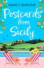 Titel: "Postcards from Sicily" von Nancy Barone. Illustration: Zwei Personen entspannen am Pool vor hügeliger Landschaft.