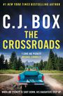 Text: "#1 New York Times Bestselling Author C.J. Box. The Crossroads. 'I love Joe Pickett' Michael Connelly. When Joe Pickett is shot down, his daughters step up." 

Eine Illustration mit einem blauen Himmel, Bergen, einem Pickup und Bäumen.