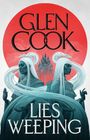 "Glen Cook" steht oben, "Lies Weeping" unten. Zwei identische Frauen, schwarz-weiß, vor rotem Kreis und Burg im Hintergrund.