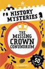 „History Mysteries: The Missing Crown Conundrum“, Illustration mit Lupe, Krone, Fußspuren und Schlüssel.