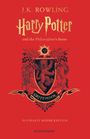 Titel in Gold: "Harry Potter and the Philosopher's Stone". Wappen von Gryffindor auf rotem Hintergrund.