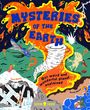 "Mysteries of the Earth", Illustration: Vulkan, Tornado, Insekten und Dinosaurier in lebhaften Farben.