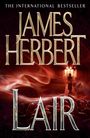"The International Bestseller. James Herbert. Lair." Menschenähnliche Silhouette vor beleuchtetem Haus in rotem Nebel.