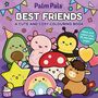 „Palm Pals Best Friends“ steht auf lila Hintergrund. Süße, lächelnde Figuren: Avocado, Biene, Stern, Regenbogen, Pilz, Pferd.