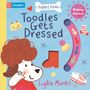 "Toodles Gets Dressed. Making choices. Puppy Paws. Darstellung eines niedlichen Hundes mit lockigem Haar und Kleidung."