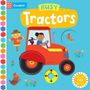 "Busy Tractors" in bunten Lettern. Illustration eines Kindes mit Hund auf rotem Traktor, umgeben von Blumen und Tieren.