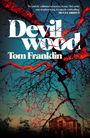 „Devil Wood“ von Tom Franklin. Ein Baum mit roten Zweigen vor einem dunklen Haus bei blauem Himmel.