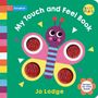 "My Touch and Feel Book" und "Jo Lodge" auf grünem Hintergrund. Illustration eines bunten Schmetterlings mit roten Flügeln.