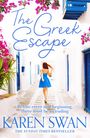"The Greek Escape" in blauer Schrift, darunter "Before every new beginning, there must be an ending." Frau in blauem Kleid in weißer Gasse.