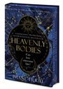 **HEAVENLY BODIES**: "Can love overcome fate?" In blau-goldener Gestaltung mit Sonnen- und Mondillustrationen.