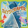 Text: "A Skyscraper Reaches the Sky" von Sheila Yazdani. Hintergrund: Wolkenkratzer, bunte Pfeile und Formen.