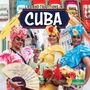 "Life and Traditions in Cuba" in großen Buchstaben oben. Drei Frauen in bunten Kleidern mit fröhlichen Ausdrücken und Blumen.