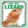 "PETS", "MY PET LIZARD", "SHEILA YAZDANI". Eidechse mit strukturiertem orangefarbenem Schuppenkleid, dekorativer Rahmen.