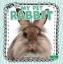 "MY PET RABBIT" in großen, grünen Buchstaben. Darunter ein braunes Kaninchen mit flauschigem Fell, vor gestreiftem Hintergrund.
