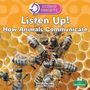 "Listen Up! How Animals Communicate" in weißer Schrift. Abbildung von Bienenwabe mit vielen Bienen.