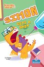 "SIMON GETS A SHOT" steht in großen Buchstaben. Ein ängstlicher Dinosaurier mit Brille bekommt eine Spritze.