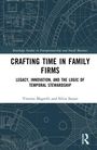 Buchtitel: "Crafting Time in Family Firms". Blau-weißes Muster mit technischen Zeichnungen im Hintergrund.