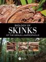 Text: "Biology of Skinks of the Genus Lampropholis." Oben: Skink auf Holz. Unten: Drei Skinkbilder im Wald. Autoren: Shelley Burgin, Harold Heatwole.