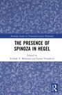 Text: "The Presence of Spinoza in Hegel", herausgegeben von Yitzhak Y. Melamed und Goran Vranešević. Blaues Muster als Hintergrund.