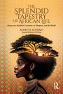 Titel: "The Splendid Tapestry of African Life". Profil einer Frau mit Baum und Sonnenuntergang im Haar, Afrika-Muster.