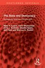 „The State and Democracy“, rote abstrakte Struktur mit weißen Schriften und einem weißen Routledge-Logo unten rechts.