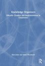 Text: "Knowledge Organisers: Effective Creation and Implementation in Classrooms. Kate Jones and Adam Woodward". Blauer Hintergrund mit geschwungenen Linien.