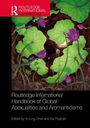 Titel: "Routledge International Handbook of Global Asexualities and Aromanticisms". Grünes Laub und lila Blüten.