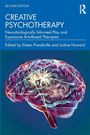 „CREATIVE PSYCHOTHERAPY“, beleuchtet; darunter ein leuchtendes, fluoreszierendes Gehirn auf blauem Hintergrund.