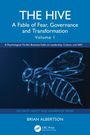 "THE HIVE: A Fable of Fear, Governance and Transformation. Illustration einer geometrischen Biene auf blauem Hintergrund."