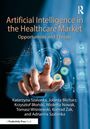 Buchtitel: "Artificial Intelligence in the Healthcare Market: Opportunities and Threats." Finger zeigt auf KI-Symbole.