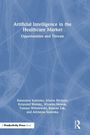 „Artificial Intelligence in the Healthcare Market: Opportunities and Threats.“ Blaue abstrakte Linien im Hintergrund.