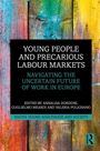 Text: "Young People and Precarious Labour Markets." Buntes, abstraktes Hintergrundbild in Blau, Rot und Gelb.