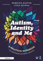 Text: "Autism, Identity and Me: A Practical Workbook to Empower Autistic Adults." Bunte Blätter formen ein Kaleidoskop.