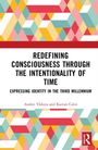 „REDEFINING CONSCIOUSNESS THROUGH THE INTENTIONALITY OF TIME“ in Schwarz. Bunte, geometrische Muster.