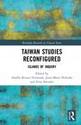 "Taiwan Studies Reconfigured: Islands of Inquiry" steht in schwarzem Text auf weißem Hintergrund, bunte abstrakte Malerei.