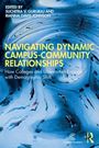 Titel: "NAVIGATING DYNAMIC CAMPUS-COMMUNITY RELATIONSHIPS"; abstrakte blaue Wirbel. Logos von Campus Compact und Routledge.