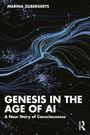 Buchtitel: "Genesis in the Age of AI: A New Story of Consciousness". Autorin: Marina Zilbergerts. Abstrakte Linien auf schwarzem Hintergrund.