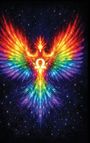 Griechischer Buchstabe Omega, leuchtender Regenbogen-Phönix, ausgebreitet vor einem sternenübersäten Weltraumhintergrund.