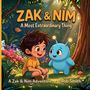 „ZAK & NIM: A Most Extraordinary Thing“. Ein Junge sitzt lächelnd mit einem blauen, außerirdischen Wesen im Wald.