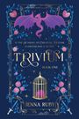 Text: „At the Academy of Creature Defense, everyone has a secret. TRIVIUM Book One. Jenna Ruby.“ Eine lila Drachen-Illustration.