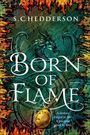 „Born of Flame“ in großer Schrift. Feuriger Drache im Hintergrund, feurige Umrandung und ein goldener Anhänger.
