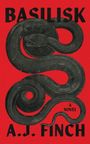 Text: BASILISK, A.J. FINCH, A NOVEL. Illustration: Eine schwarze Schlange auf rotem Hintergrund windet sich elegant.