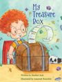 "My Treasure Box" in blauer Schrift. Ein Kind mit roten Locken öffnet eine Schatztruhe. Papierstreifen mit "sorry", "thank you", "please".