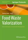 Text: "Food Waste Valorization: Green Techniques in Sustainable Management." Grüner Hintergrund, bunte Kreisgrafik.
