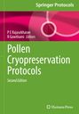 Text: "Springer Protocols, P E Rajasekharan, R Gowthami Editors, Pollen Cryopreservation Protocols, Second Edition, Humana Press."  
Design: Grün und rosa mit Kreismuster.