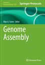 Springer Protocols Buchcover, Text: "Genome Assembly", "Rhys A. Farrer Editor", Grüntöne mit Kreisen, Logo unten.